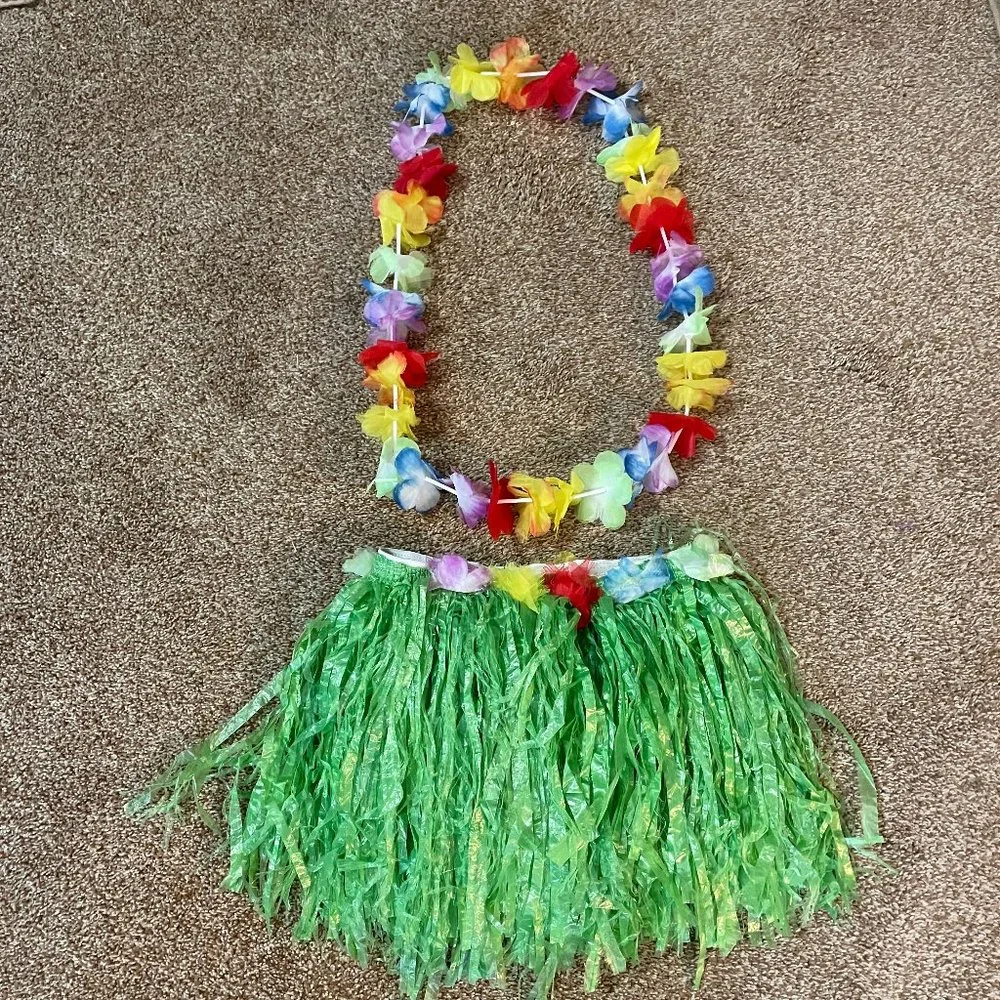 HAWAIIAN HULA DANCER GRASS SKIRT & LEI